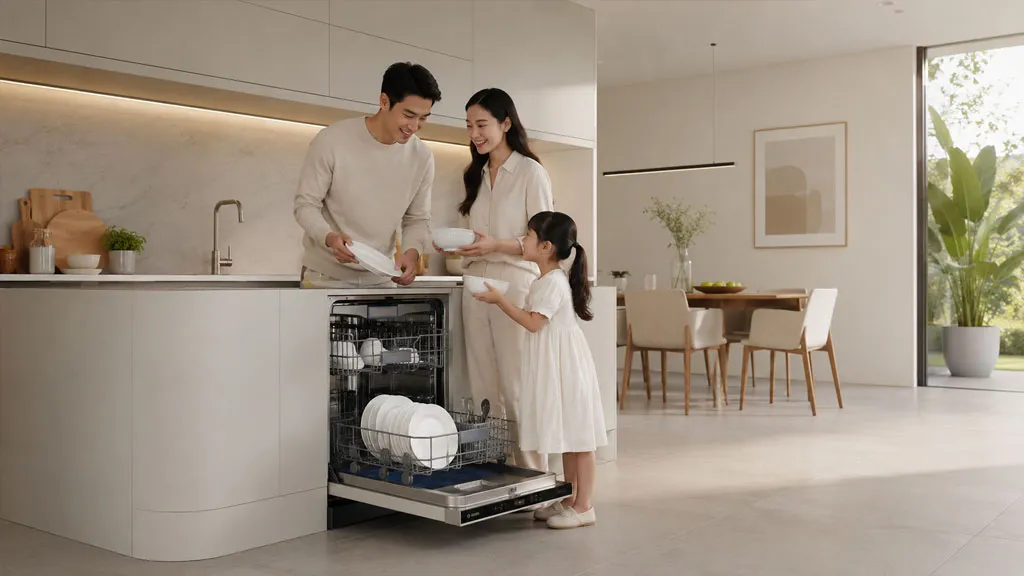 Gia đình sử dụng máy rửa bát trong căn bếp hiện đại sạch đẹp