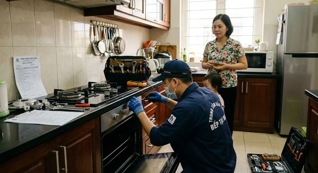 Kỹ thuật viên kiểm tra và bảo trì thiết bị nhà bếp tại gia đình