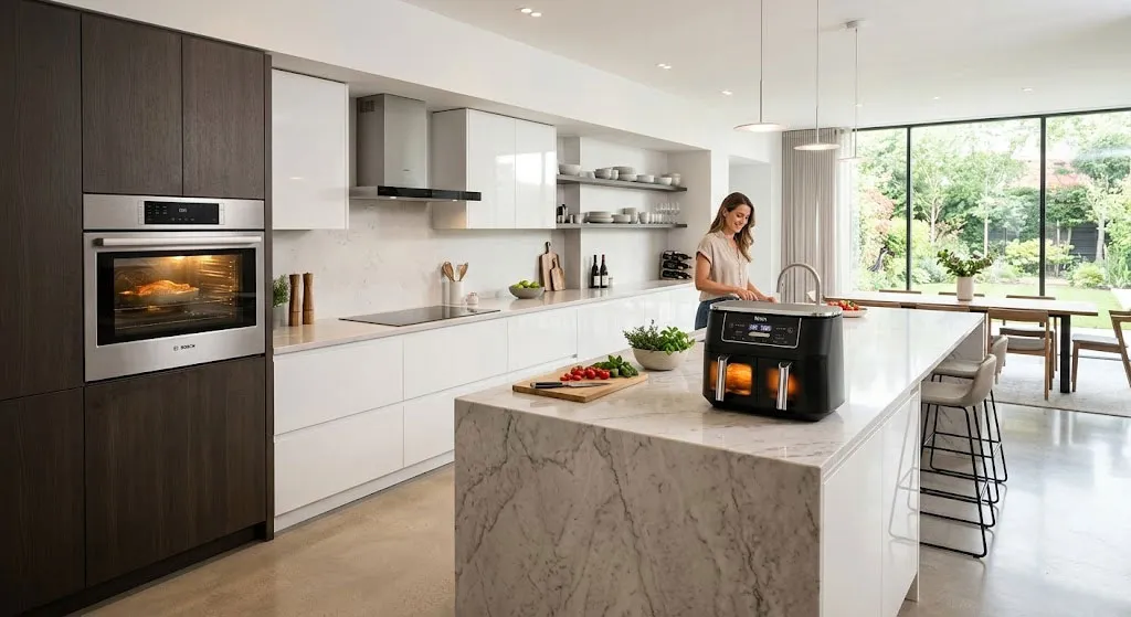 Gian bếp cao cấp với thiết kế hiện đại, lò nướng âm tủ tích hợp trong hệ tủ và nồi chiên không dầu đặt trên đảo bếp