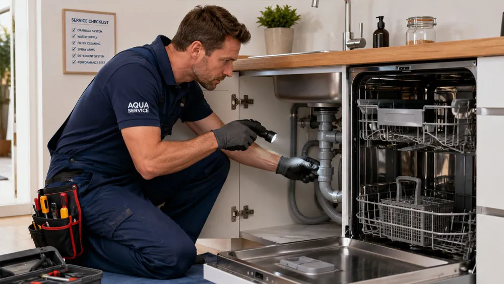 Kỹ thuật viên kiểm tra hệ thống thoát nước của máy rửa bát