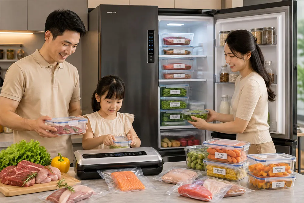 Tủ lạnh hiện đại và bộ hút chân không bảo quản thực phẩm