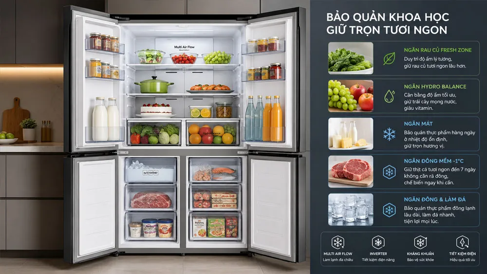 Tủ lạnh hiện đại sắp xếp thực phẩm khoa học