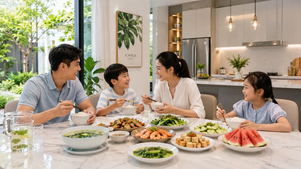 Gia đình thưởng thức bữa cơm mùa hè trong không gian bếp hiện đại và mát mẻ