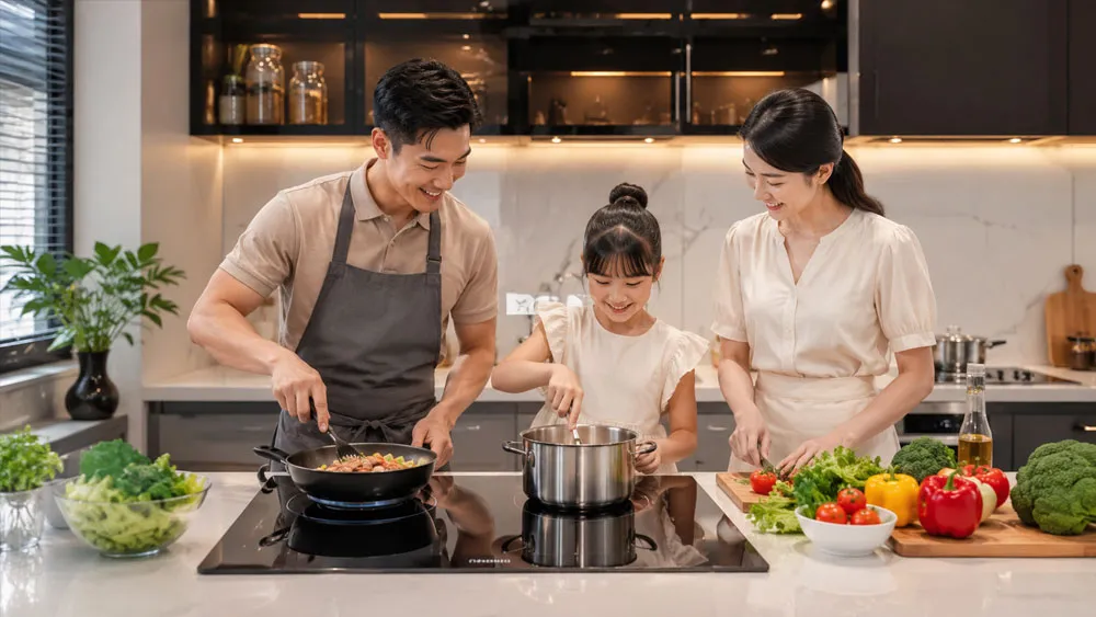 Gia đình sử dụng bếp từ hiện đại trong không gian bếp sang trọng