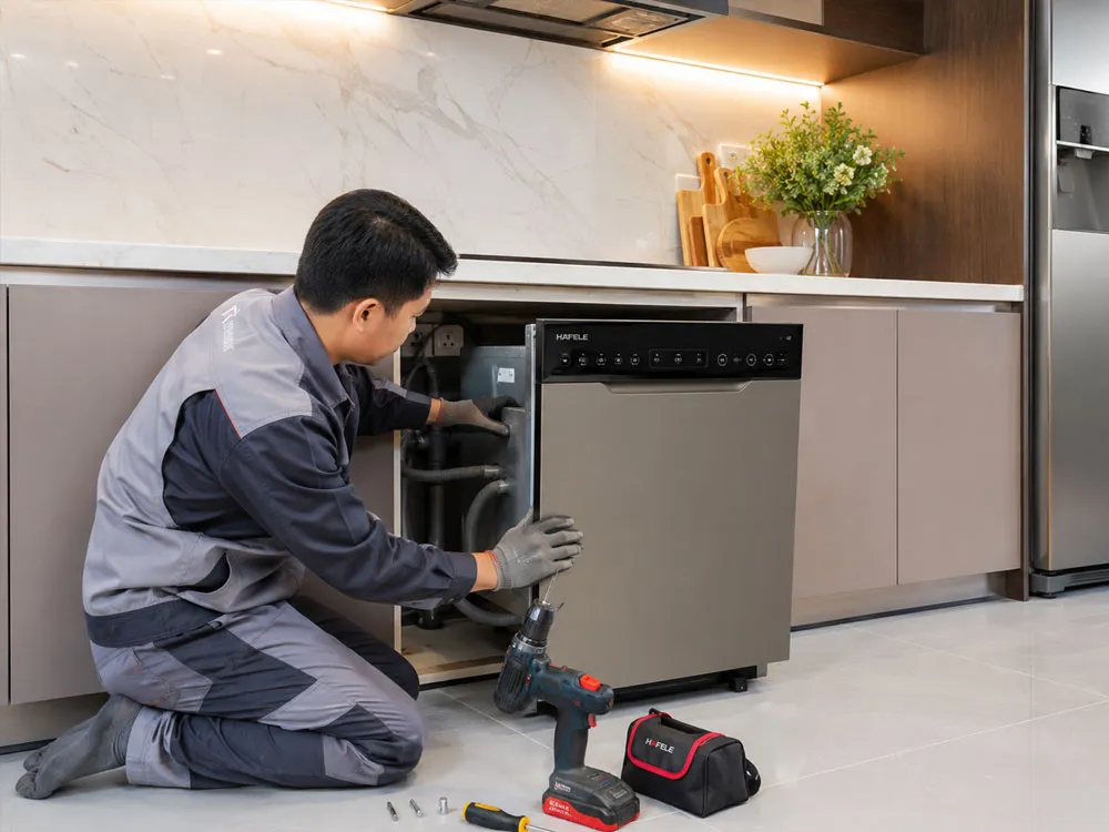 Kỹ thuật viên lắp đặt máy rửa bát âm tủ