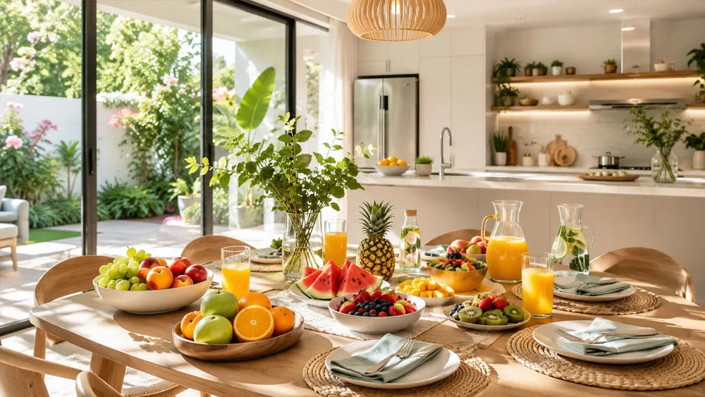 Bàn ăn mùa hè với trái cây tươi và thức uống giải nhiệt