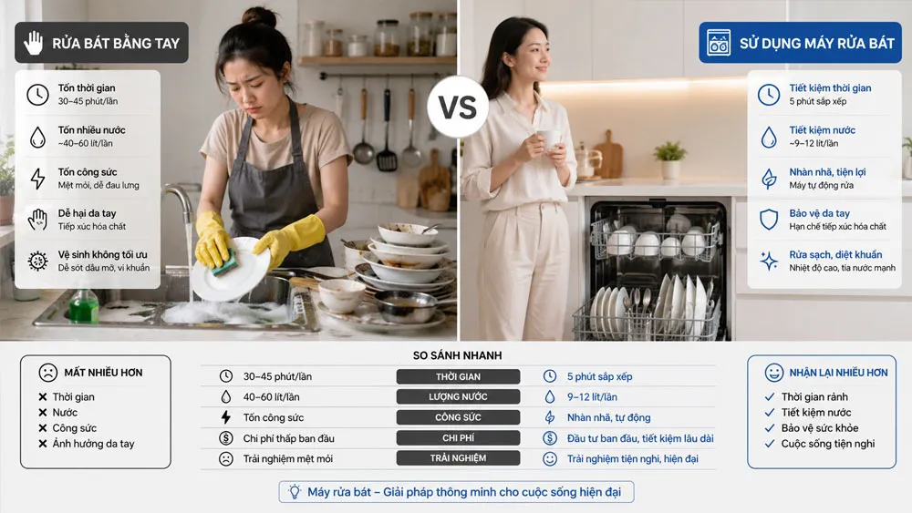 So sánh rửa bát bằng tay và sử dụng máy rửa bát gia đình