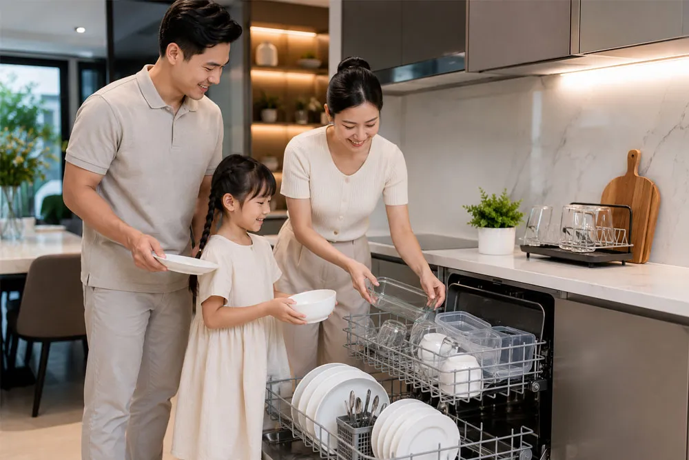 Gia đình sử dụng máy rửa bát trong căn bếp hiện đại