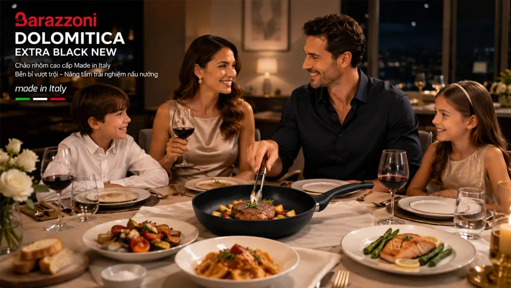 Gia đình thưởng thức món ăn được chế biến bằng chảo chống dính Barazzoni DOLOMITICA EXTRA BLACK NEW