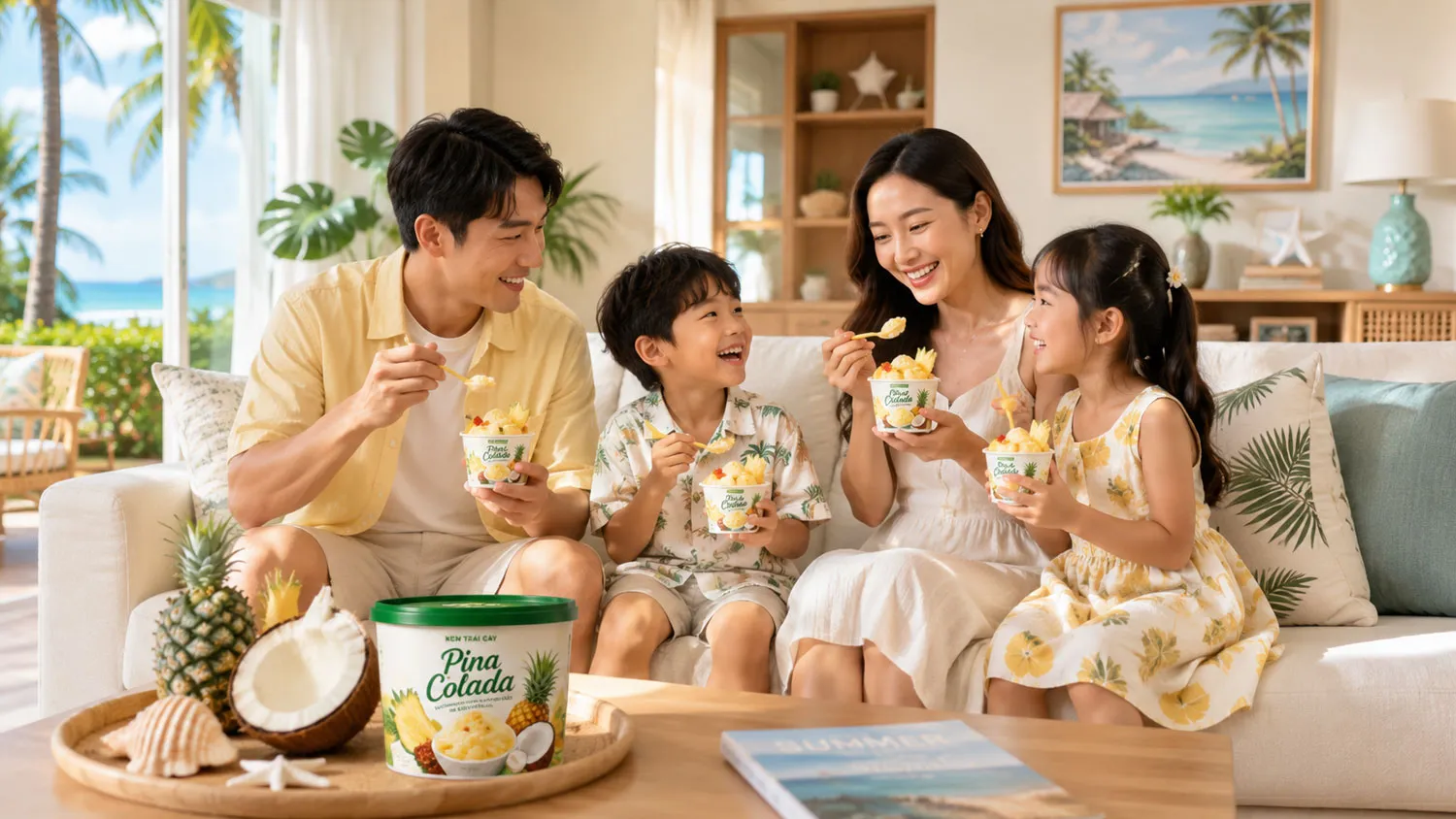 Gia đình thưởng thức Kem trái cây Pina Colada trong không gian mùa hè thư giãn