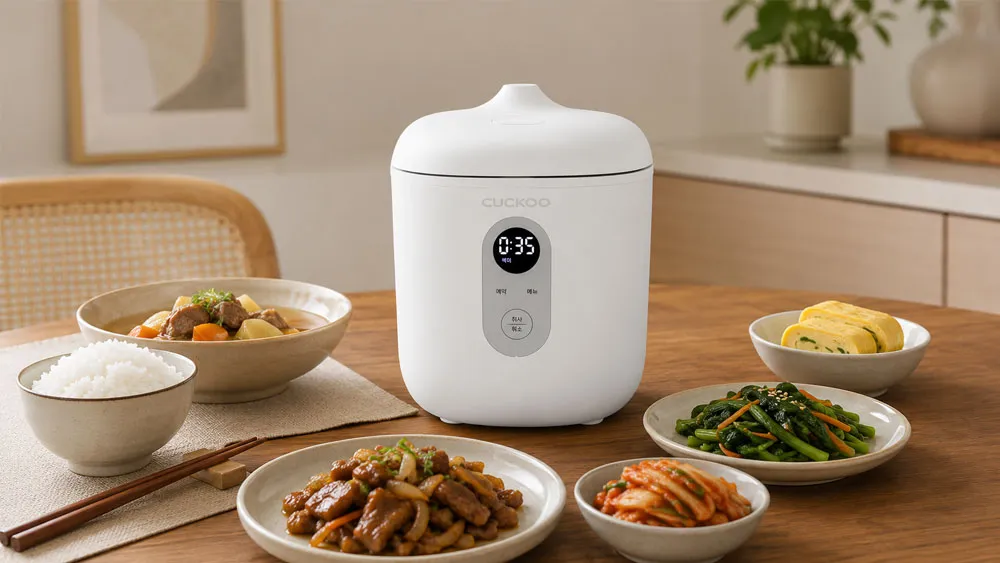 Nồi cơm điện tử mini Cuckoo CR 0255MW trên bàn ăn gia đình hiện đại