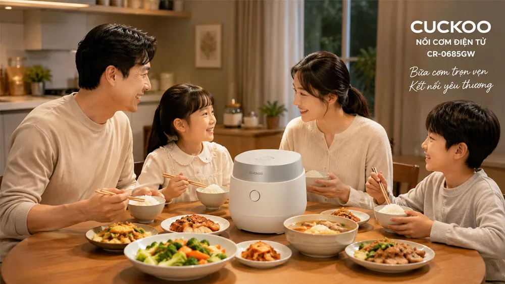 Gia đình dùng bữa với nồi cơm điện tử Cuckoo CR-0685GW