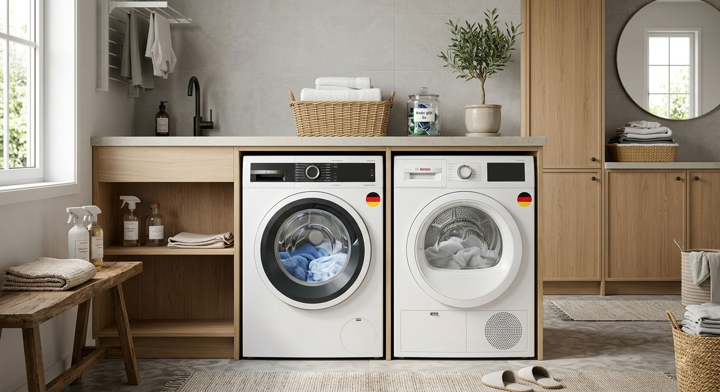 Máy giặt Bosch đặt trong không gian phòng giặt hiện đại với thiết kế tinh tế