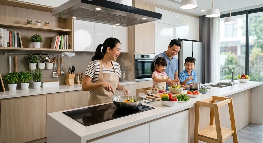 Gia đình trong không gian bếp sạch sẽ và an toàn