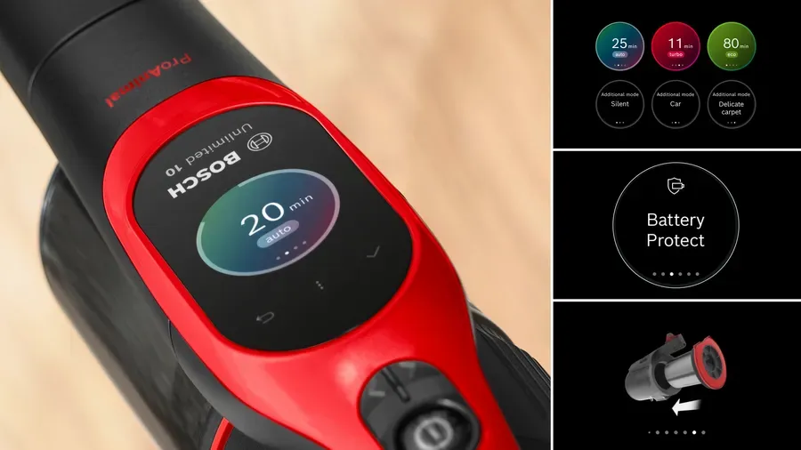 Màn hình TFT thông minh trên máy hút bụi Bosch, hiển thị chế độ làm sạch và thời lượng pin