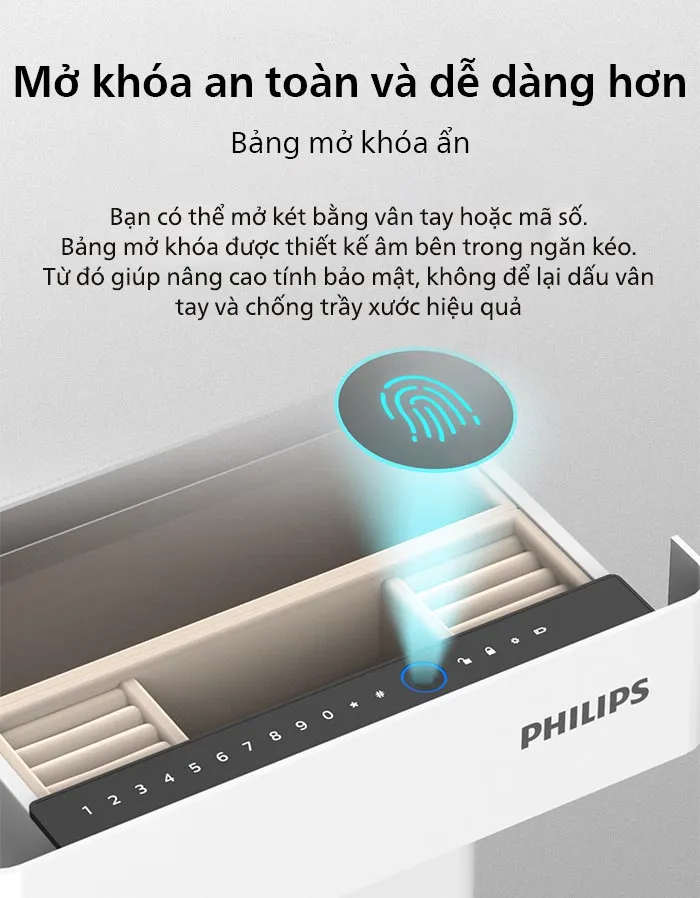 Một trong những tính năng bảo mật đáng chú ý của két sắt Philips SBX301 là công nghệ nhận diện vân tay FPC Thụy Điển