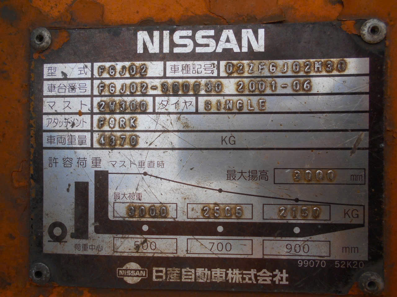 Tem mác nhôm thông số kỹ thuật xe nâng dầu Nissan FGJ02 số khung 300030