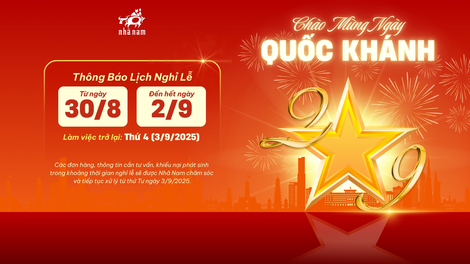THÔNG BÁO LỊCH NGHỈ LỄ QUỐC KHÁNH 2/9