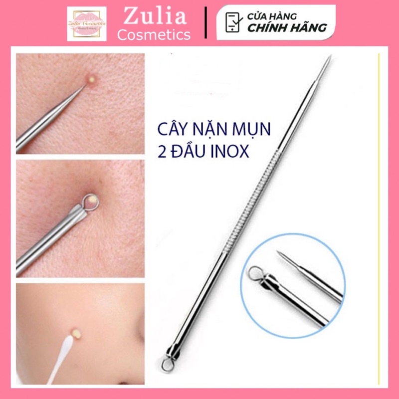 Cây nặn mụn 2 đầu - que nặn mụn cao cấp inox (có bao đi kèm)