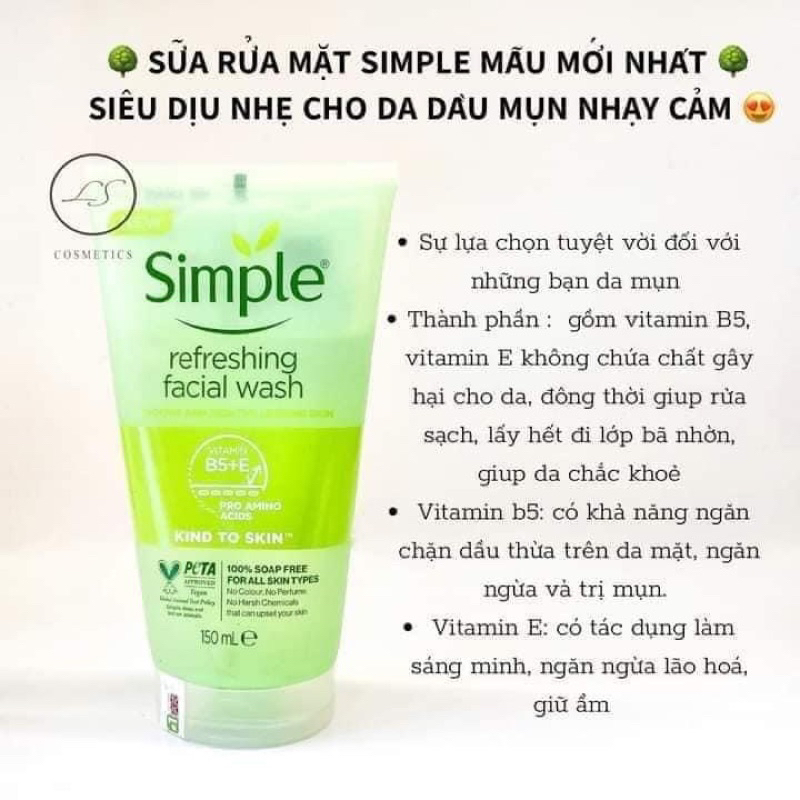 Sữa rửa mặt Simple siêu lành tính