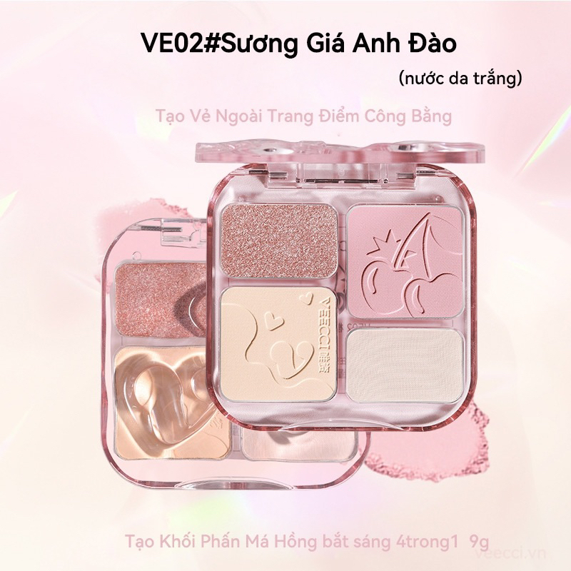 Tạo Khối Highlight VEECCI Phấn Má Hồng bắt sáng 4trong1 Sắc Tông Nude Tự Nhiên 9g
