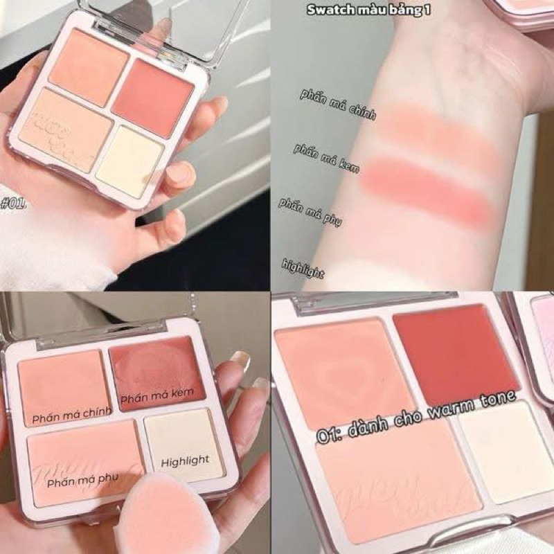 [Tặng Mút] Má Hồng JUDYDOLL 4 Ô Dạng Phấn Và Kem, Kèm Highlight Màu Tự Nhiên Dễ Dùng