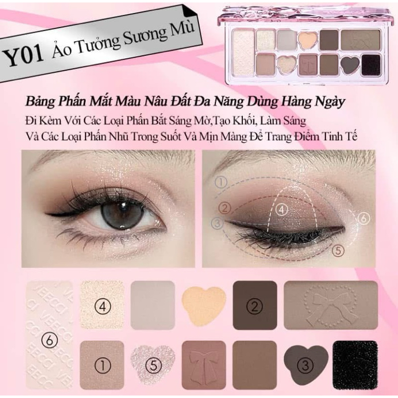 [VEECCI] Bảng Phấn Mắt VEECCI 11 Ô Ballet Nơ Lụa Hồng Đen, Có Kèm Mút Vệ Sinh Cọ Tiện Lợi, Đa Năng
