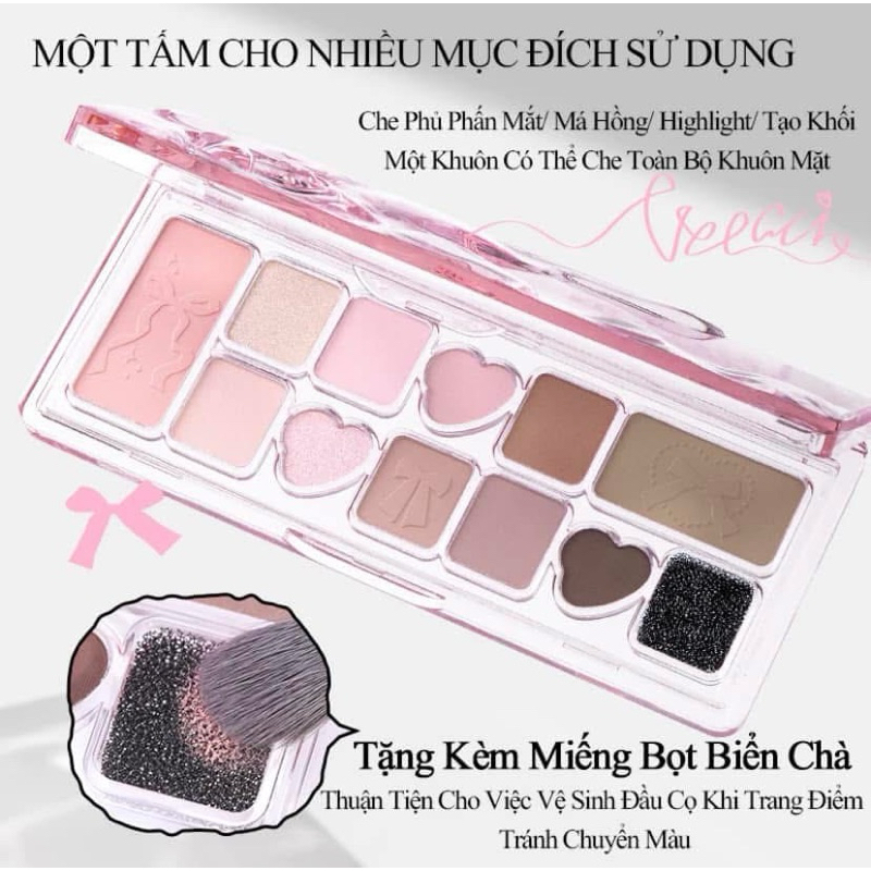 [VEECCI] Bảng Phấn Mắt VEECCI 11 Ô Ballet Nơ Lụa Hồng Đen, Có Kèm Mút Vệ Sinh Cọ Tiện Lợi, Đa Năng