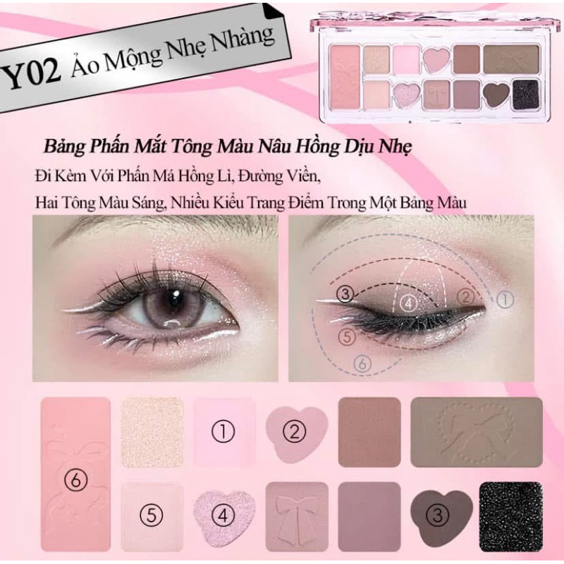 [VEECCI] Bảng Phấn Mắt VEECCI 11 Ô Ballet Nơ Lụa Hồng Đen, Có Kèm Mút Vệ Sinh Cọ Tiện Lợi, Đa Năng