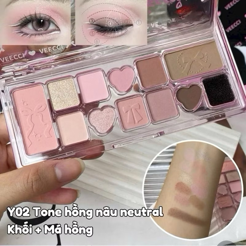 [VEECCI] Bảng Phấn Mắt VEECCI 11 Ô Ballet Nơ Lụa Hồng Đen, Có Kèm Mút Vệ Sinh Cọ Tiện Lợi, Đa Năng