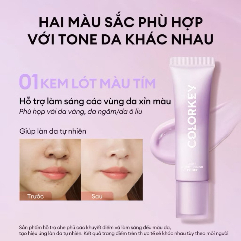 [COLORKEY] Kem Lót Colorkey Dạng Tuýp Mỏng Nhẹ Hiệu Chỉnh Tone Da, Light Weight Polish Primer, 30g