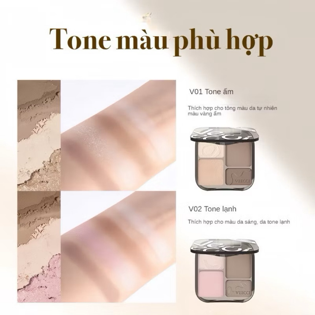 [VEECCI] Bảng Phấn Tạo khối VEECCI Kèm Bắt Sáng 4 Ô Đa năng tích hợp Má hồng