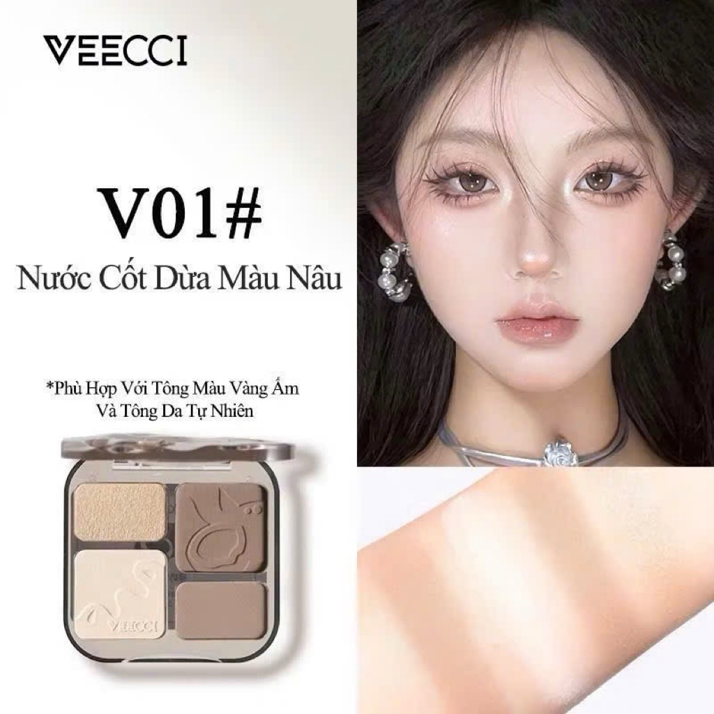 [VEECCI] Bảng Phấn Tạo khối VEECCI Kèm Bắt Sáng 4 Ô Đa năng tích hợp Má hồng
