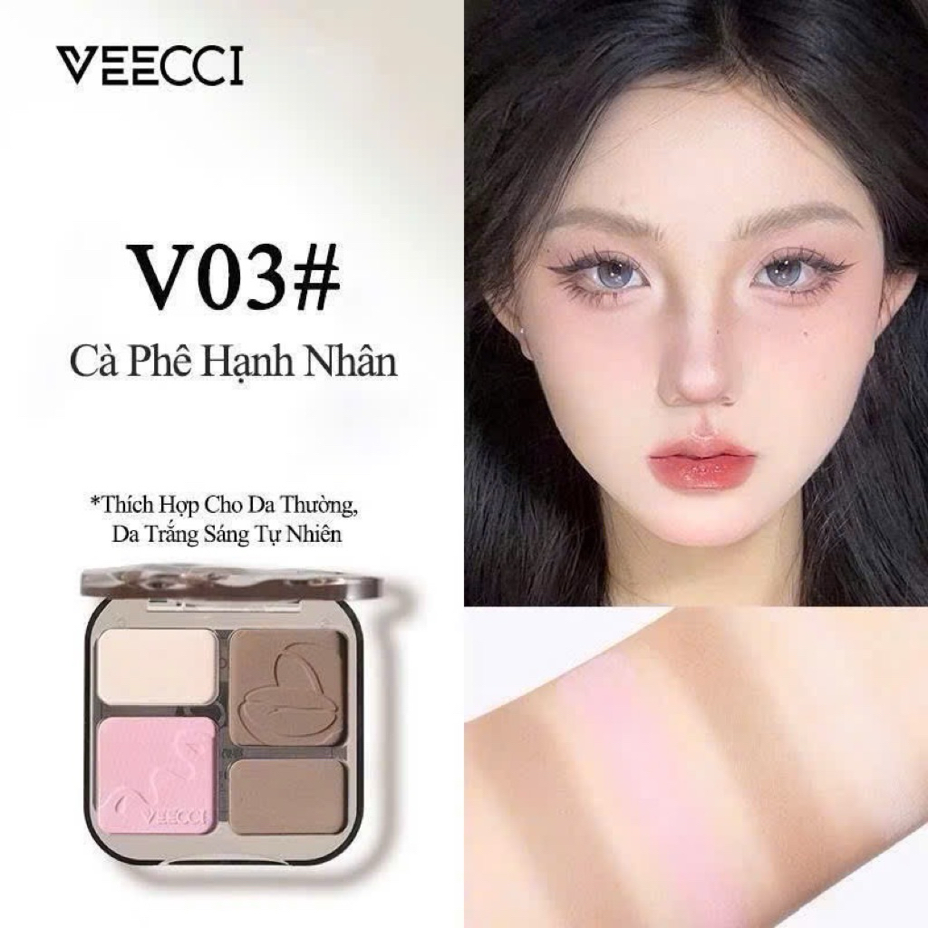[VEECCI] Bảng Phấn Tạo khối VEECCI Kèm Bắt Sáng 4 Ô Đa năng tích hợp Má hồng