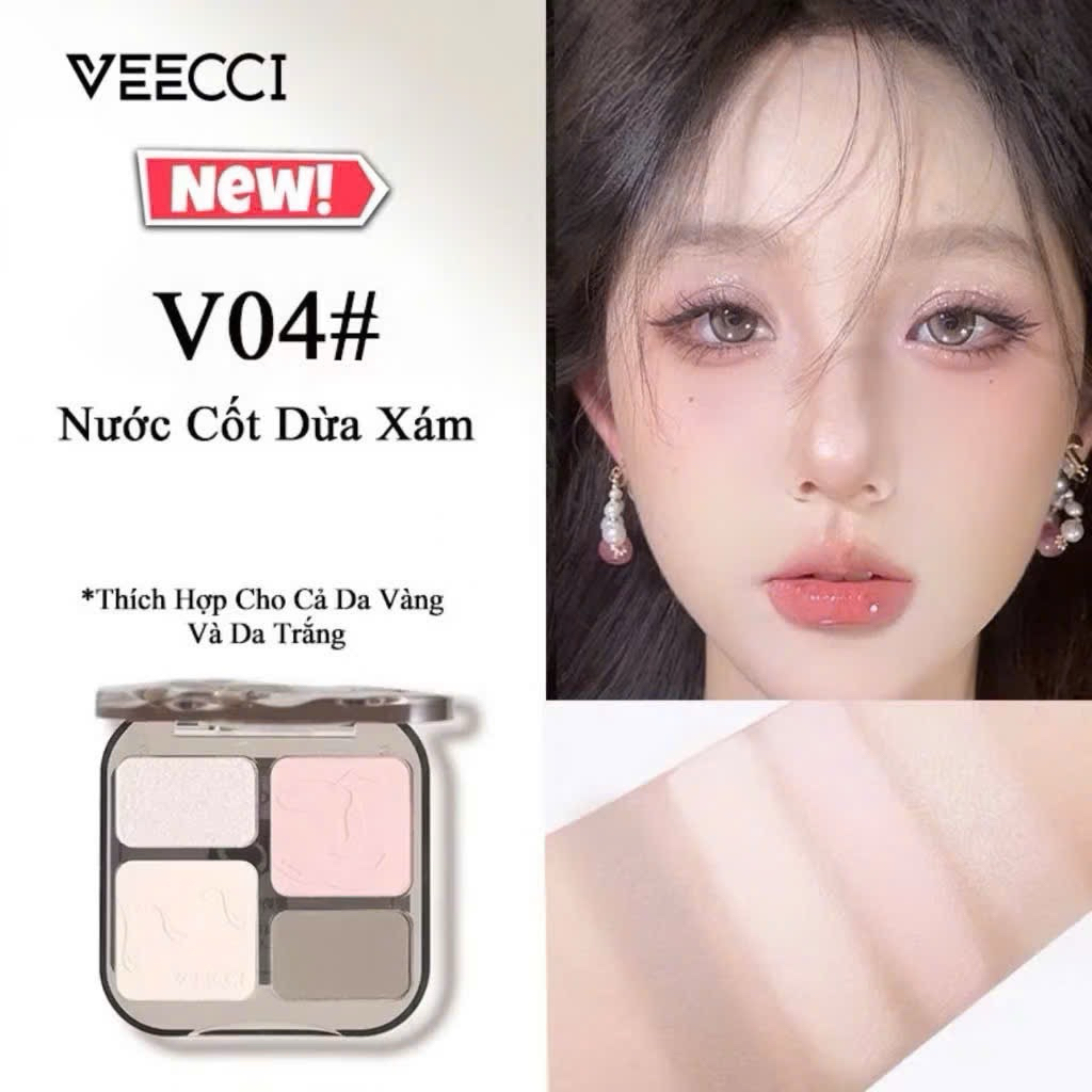 [VEECCI] Bảng Phấn Tạo khối VEECCI Kèm Bắt Sáng 4 Ô Đa năng tích hợp Má hồng