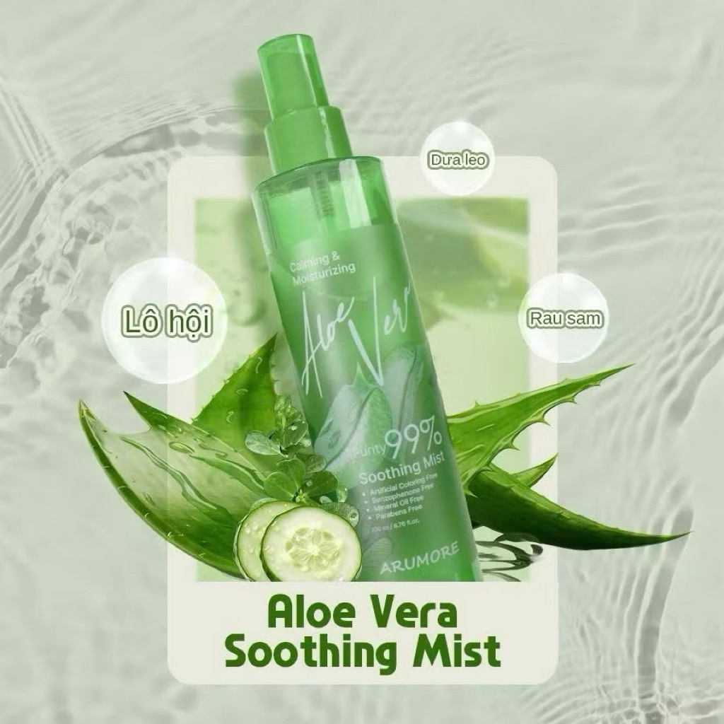 [ARUMORE] Xịt Khoáng Arumore Aloe Vera 99% Cấp Ẩm Làm Dịu Cân Bằng Da Soothing Mist Hàn Quốc Chai 200ml (Vỏ Mới)