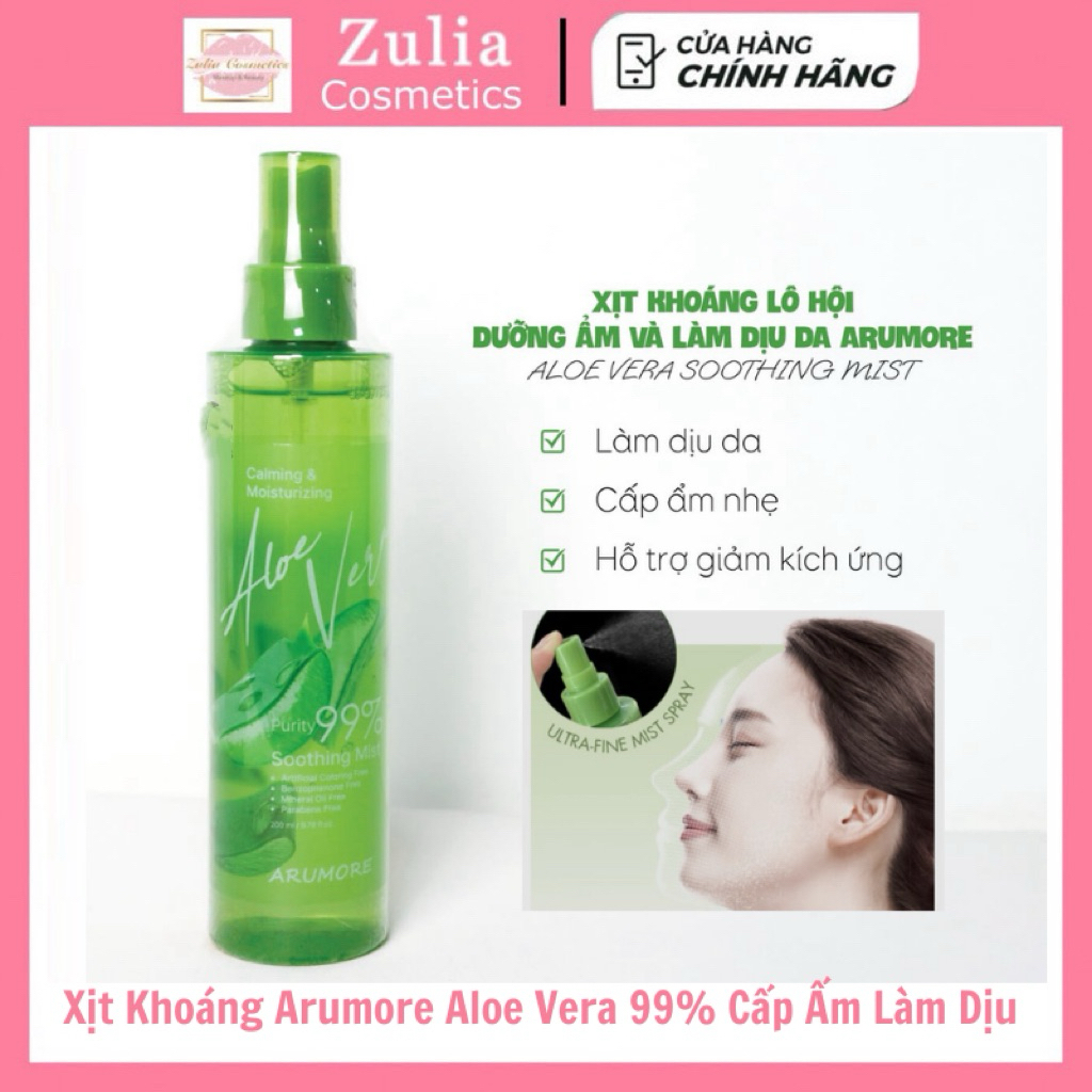 [ARUMORE] Xịt Khoáng Arumore Aloe Vera 99% Cấp Ẩm Làm Dịu Cân Bằng Da Soothing Mist Hàn Quốc Chai 200ml (Vỏ Mới)