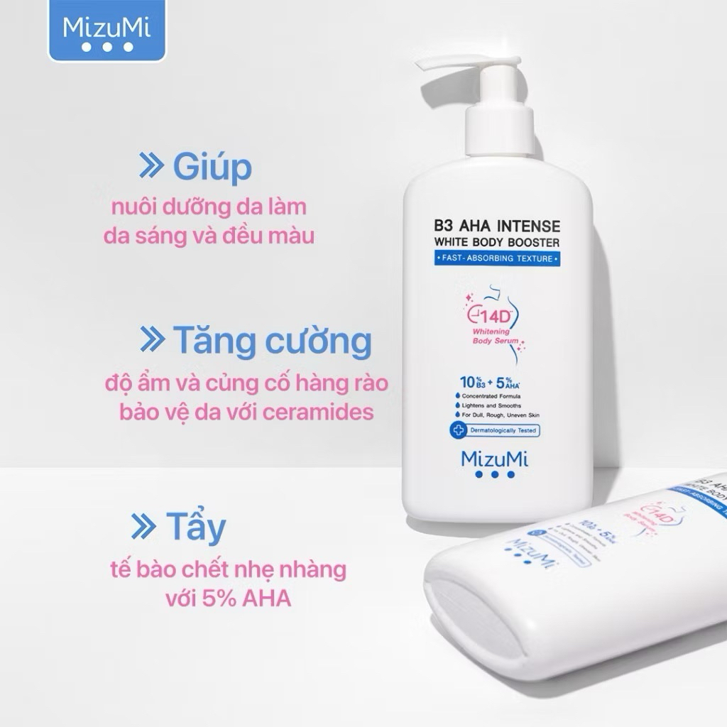 Kem Dưỡng Thể MIZUMI Trắng Sáng Da B3 AHA Intense White Body Booster 250g Mịn Màng , Niacinamide, AHA, Ceramide
