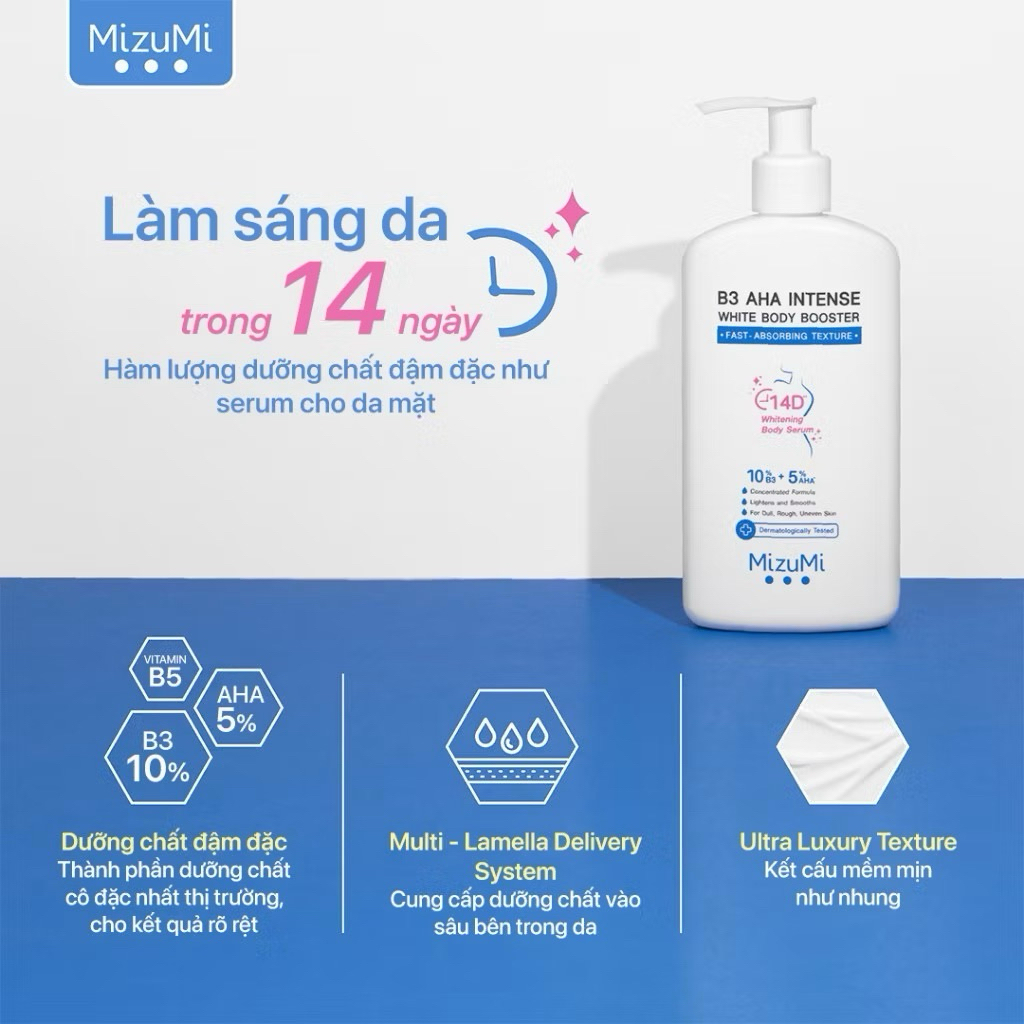 Kem Dưỡng Thể MIZUMI Trắng Sáng Da B3 AHA Intense White Body Booster 250g Mịn Màng , Niacinamide, AHA, Ceramide