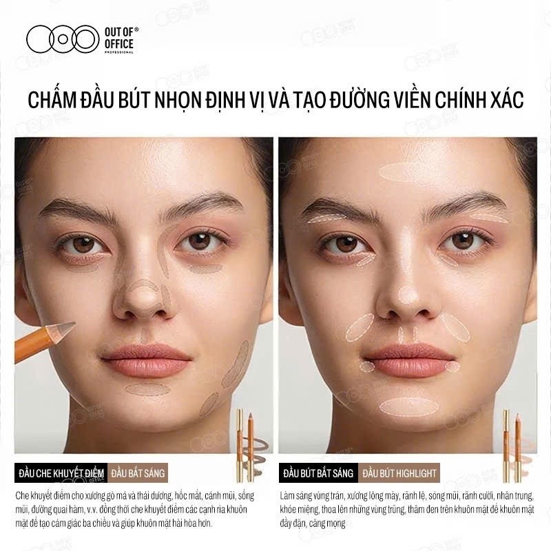 [OUT OF OFFICE] Bút Tạo Khối Và Bắt Sáng 2 Đầu  Out Of Office Contour & Highlight tạo hiệu ứng mũi cao - Tặng Kèm Gọt