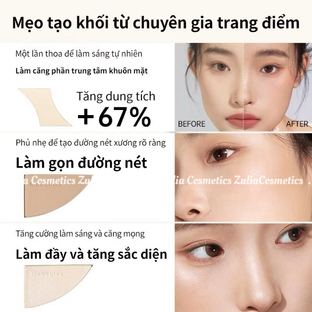 [MOOEKISS] Bảng Phấn Tạo Khối Mooekiss 3 Ô, Kèm Bắt Sáng Tạo Khối Tự Nhiên, 16.5g