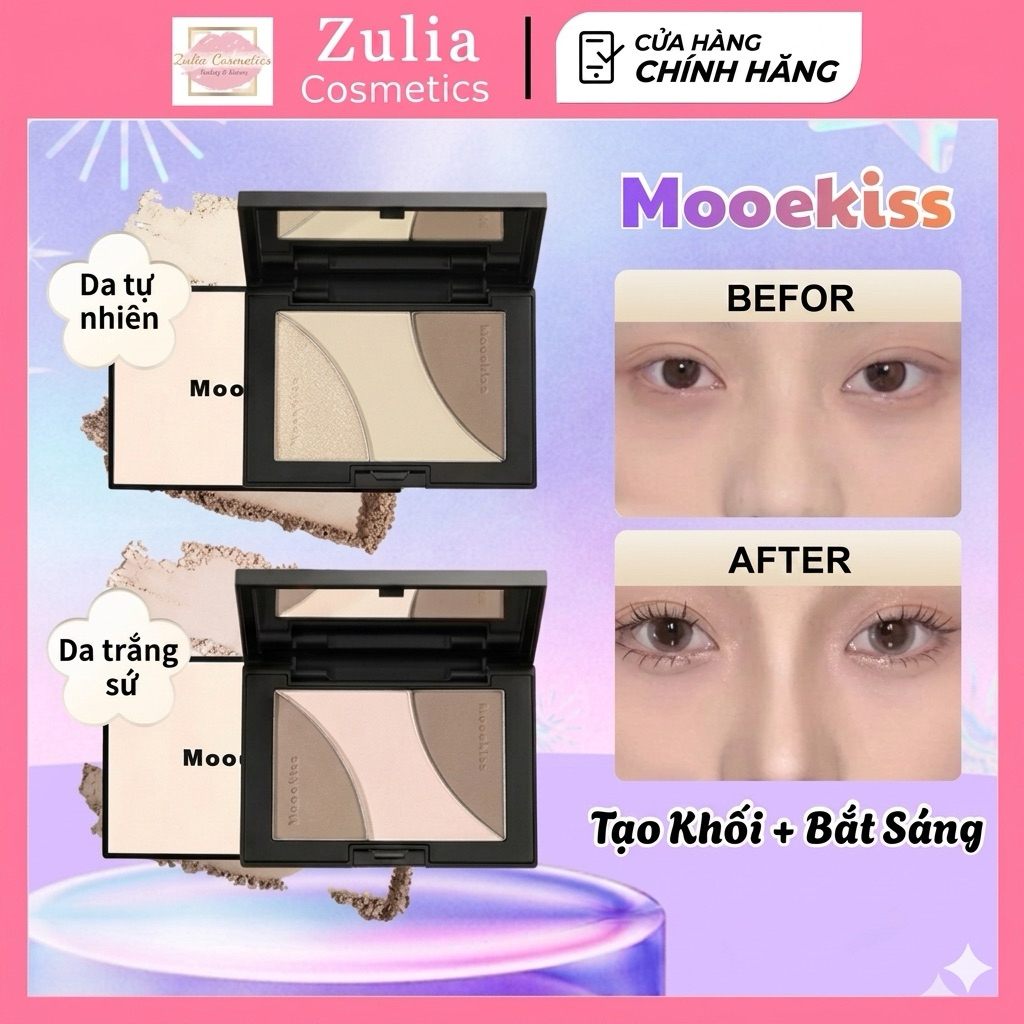 [MOOEKISS] Bảng Phấn Tạo Khối Mooekiss 3 Ô, Kèm Bắt Sáng Tạo Khối Tự Nhiên, 16.5g