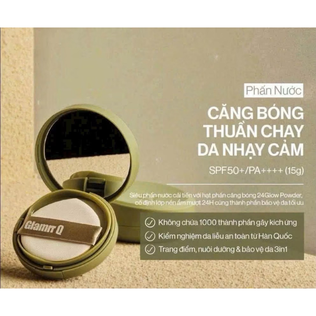 Phấn Nước Che Phủ GLAMRR Q Vegan Super Cover Cushion SPF50+/PA+++ 15g (Vỏ Xanh)