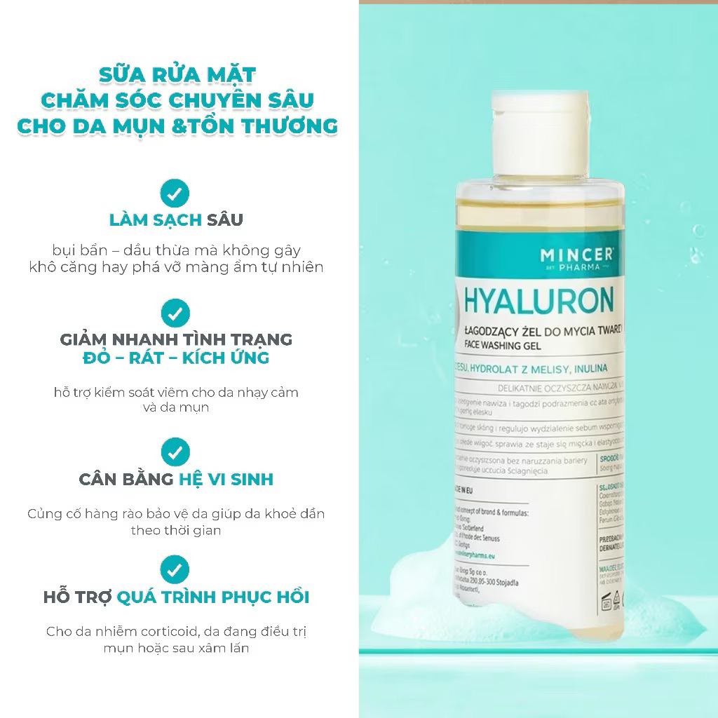 Sữa Rửa Mặt Mincer Hyaluron Cleasing Gel Làm Sạch Sâu Cho Da Nhạy Cảm, Da Mụn 200ml