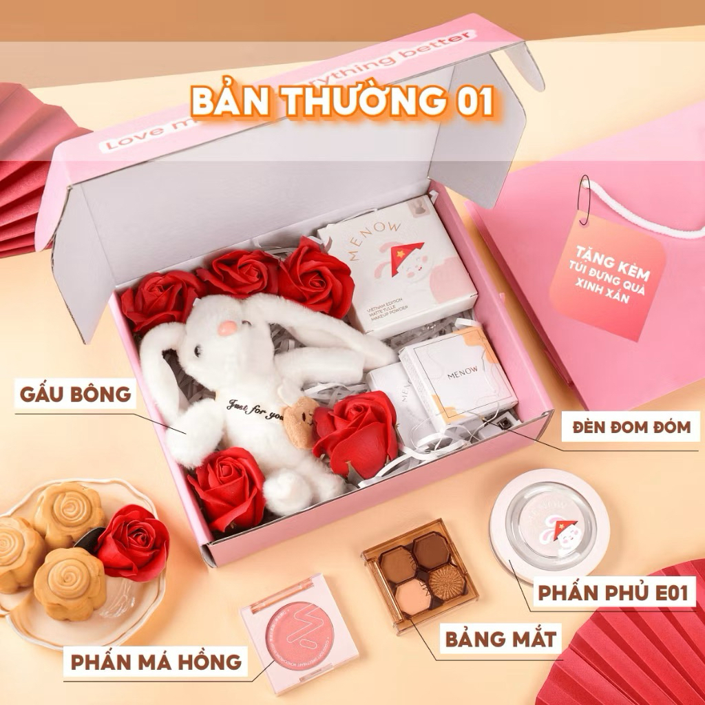 Hộp Quà Tặng Trang Điểm 20/10 dành cho bạn gái kèm túi quà, gấu bông, hoa sáp và đèn Menow Bunny Box Zuliacosmetics