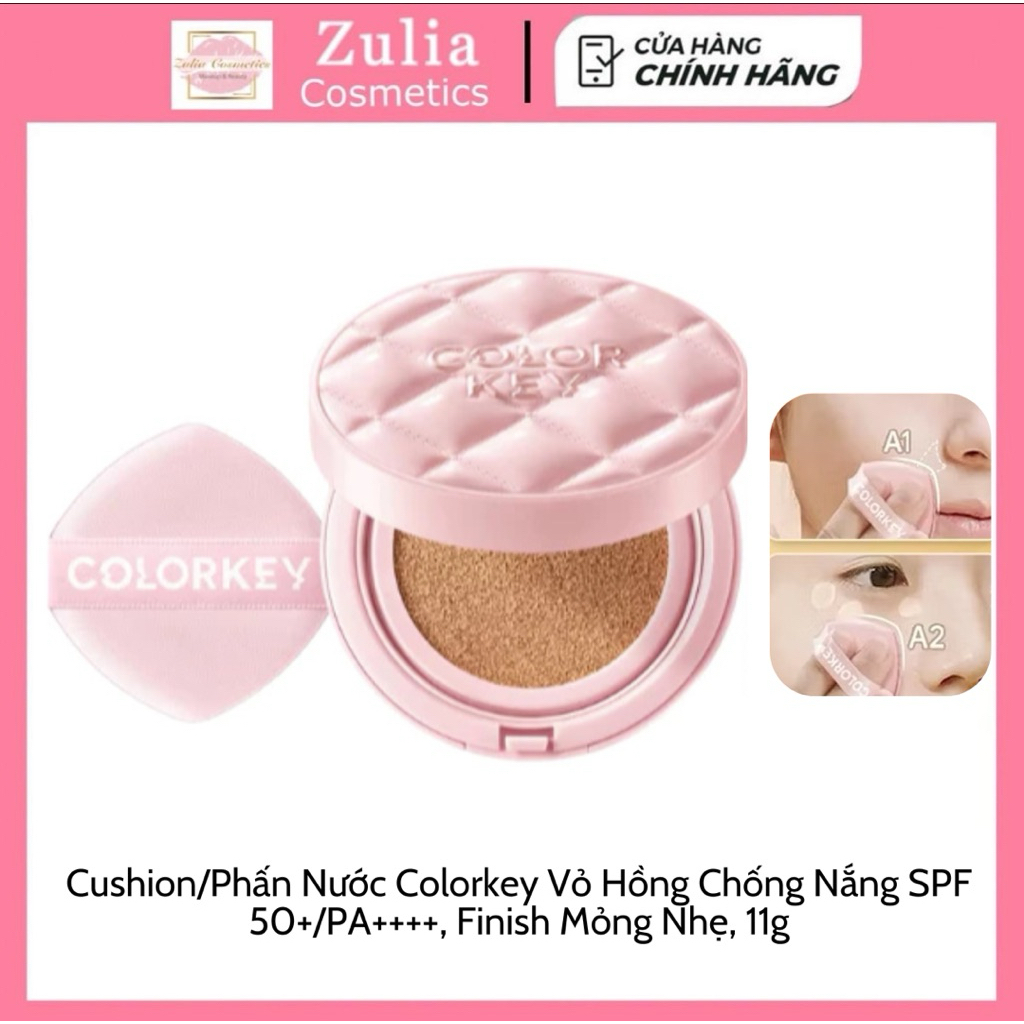 [COLORKEY] Cushion/Phấn Nước Colorkey Vỏ Hồng Chống Nắng SPF 50+/PA++++, Finish Mỏng Nhẹ, 11g