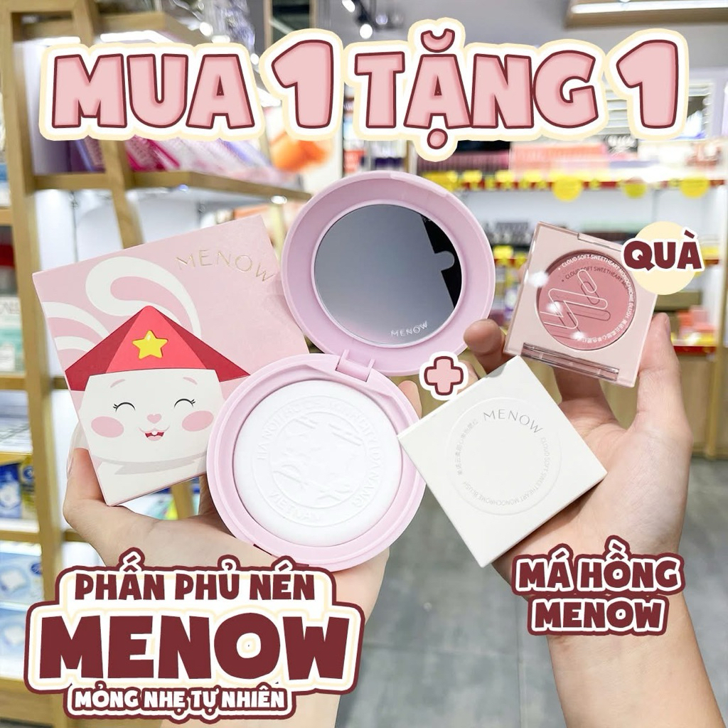 [TẶNG MÁ HỒNG] Phấn Phủ Menow Dạng Nén Thủy Tinh Vỏ Hồng, Bản Việt Nam Đặc Biệt, Mỏng Nhẹ Tự Nhiên 7g