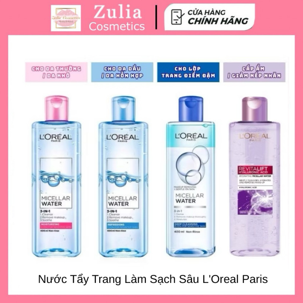 Nước Tẩy Trang Làm Sạch Sâu, Cấp Ẩm Cho Da Loreal L'Oreal Paris 3 in 1 Micellar Water Pháp 400ml