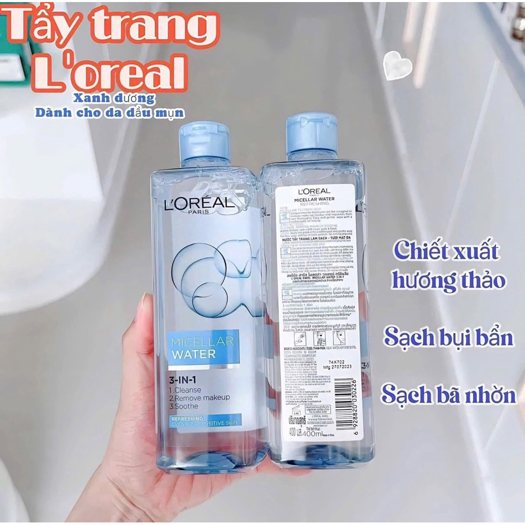 Nước Tẩy Trang Làm Sạch Sâu, Cấp Ẩm Cho Da Loreal L'Oreal Paris 3 in 1 Micellar Water Pháp 400ml