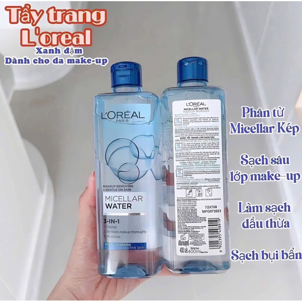 Nước Tẩy Trang Làm Sạch Sâu, Cấp Ẩm Cho Da Loreal L'Oreal Paris 3 in 1 Micellar Water Pháp 400ml